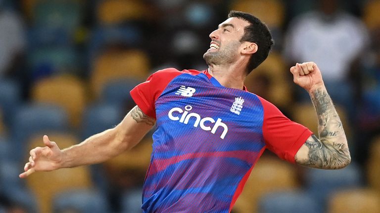 Getty - Reece Topley during the 2nd T20 International match between West Indies and England at Kensington Oval on January 23, 2022 in Bridgetown, Barbados. (Photo by Gareth Copley/Getty Images)