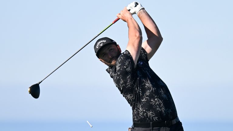 Jon Rahm of Spain hits his tee shot on the 11th hole during the second round of the Farmers Insurance Open golf tournament, Thursday Jan. 27, 2022, in San Diego. (AP Photo/Denis Poroy)