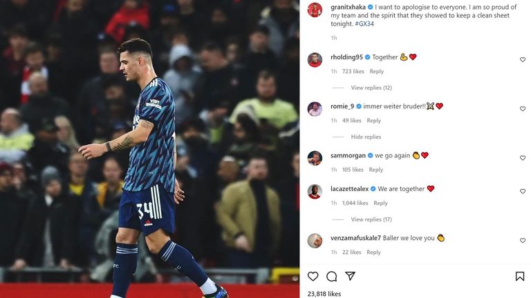 Granit Xhaka's Instagram apology after his red card against Liverpool