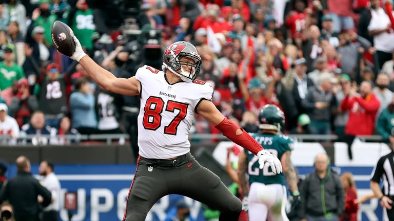 Tampa Bay Buccaneers tight end Rob Gronkowski (87) spikes the football after his touchdown reception against the Philadelphia Eagles during the second half of an NFL wild-card football game Sunday, Jan. 16, 2022, in Tampa, Fla.