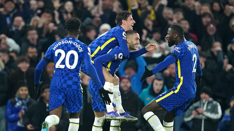 Chelsea&#39;s Hakim Ziyech (centre) celebrates scoring their side&#39;s first goal of the game with team-mates during the Premier League match at Stamford Bridge