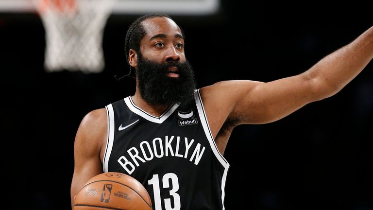Brooklyn Nets guard James Harden dribbles against the New Orleans Pelicans during the first half of an NBA basketball game, Saturday, Jan. 15, 2022, in New York.