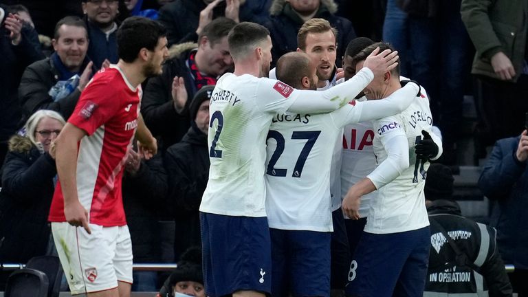 Tottenham's Harry Kane celebrates after scoring his side's third goal (AP)