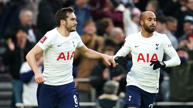Harry Winks celebrates Spurs' equaliser with Lucas Moura