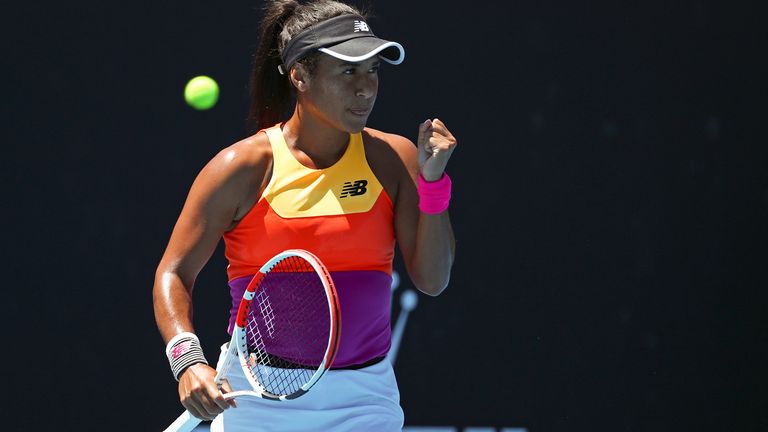 Heather Watson of Britain reacts after winning a point against Tamara Zidansek of Slovenia during their second round match at the Australian Open tennis championships in Melbourne, Australia, Thursday, Jan. 20, 2022. (AP Photo/Tertius Pickard)