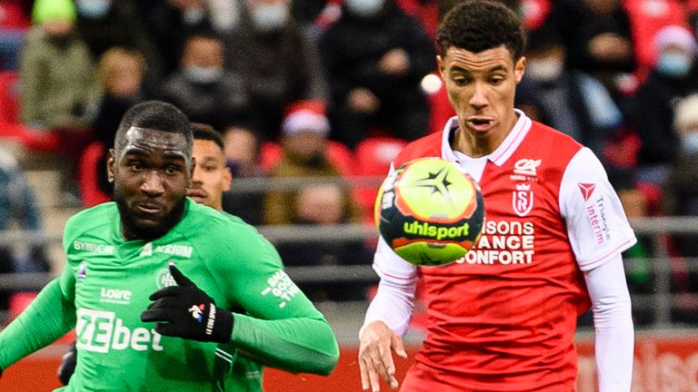 Hugo Ekitike of Reims in Ligue 1 action against Saint-Etienne