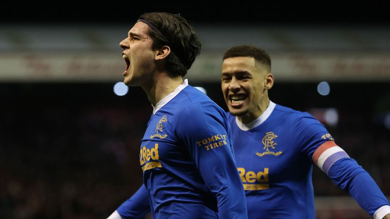 Rangers&#39; Ianis Hagi celebrates with James Tavernier 