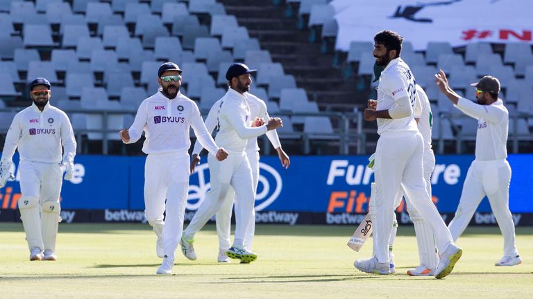 India celebrate the wicket of South Africa captain Dean Elgar before the close
