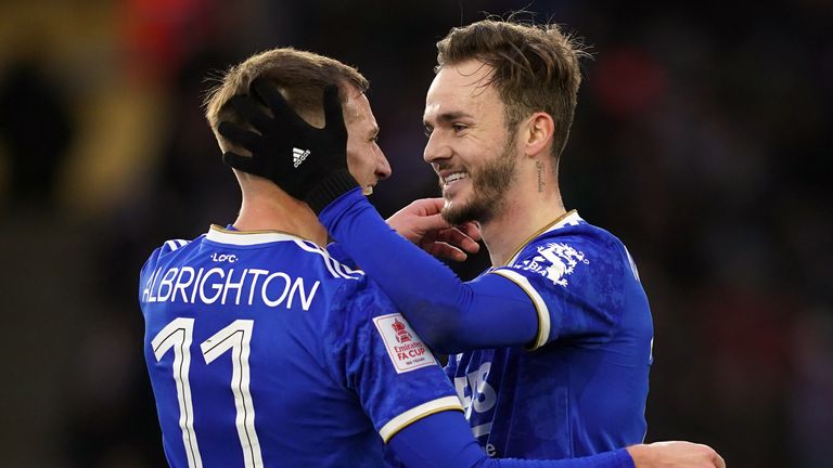 Leicester City's James Maddison (right) celebrates scoring his sides second goal with Marc Albrighton