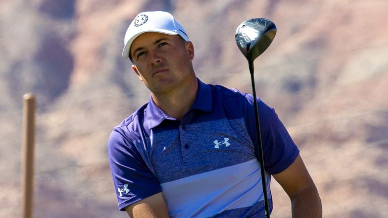 LAS VEGAS, NV - OCTOBER 14: Jordan Spieth tees off from the second hole during the first round of the CJ Cup on October 14, 2021 at the Summit Club in Las Vegas, NV. (Photo by Matthew Bolt/Icon Sportswire) 