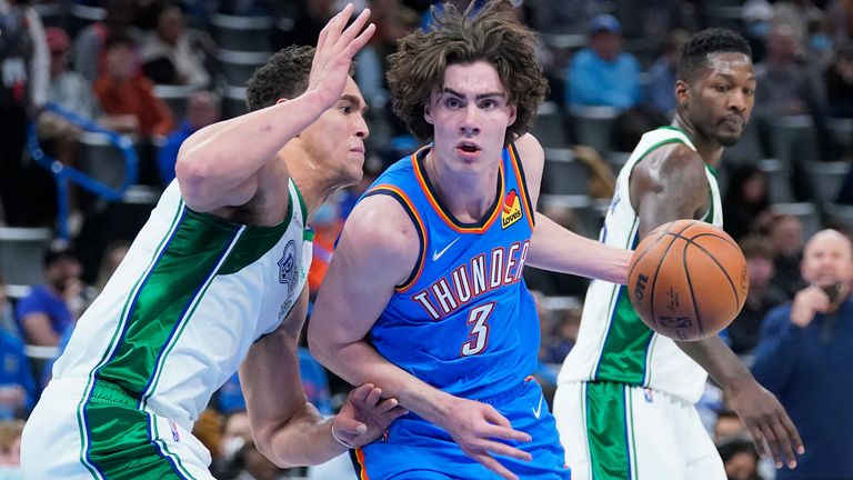 Oklahoma City Thunder guard Josh Giddey drives past Dallas Mavericks center Dwight Powell