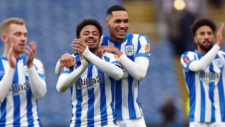 Huddersfield Town&#39;s Josh Koroma (left) celebrates with Jon Russell