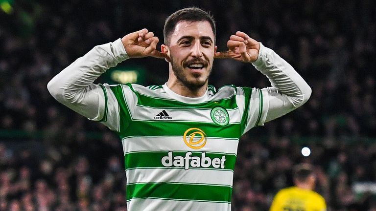 Celtic’s Josip Juranovic celebrates after scoring to make it 2-0 during a Cinch Premiership match between Celtic and Hibernian at Celtic Park,