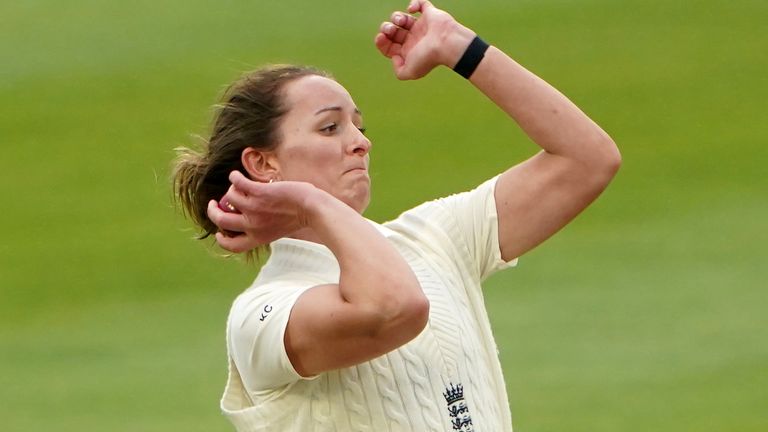 Kate Cross in action during the women's Test against Sri Lanka last summer