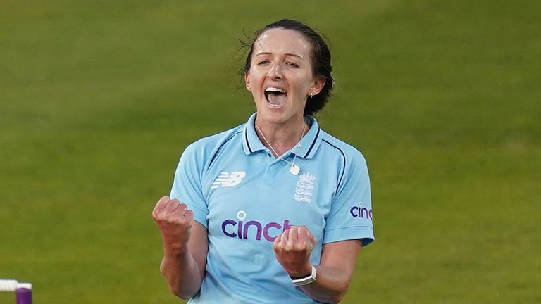 England's Kate Cross celebrates taking the wicket of New Zealand's Sophie Devine batting during the first one day international match at Bristol County Ground