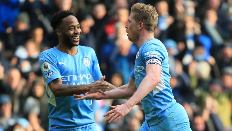 Kevin De Bruyne celebrates after opening the scoring for Man City against Chelsea
