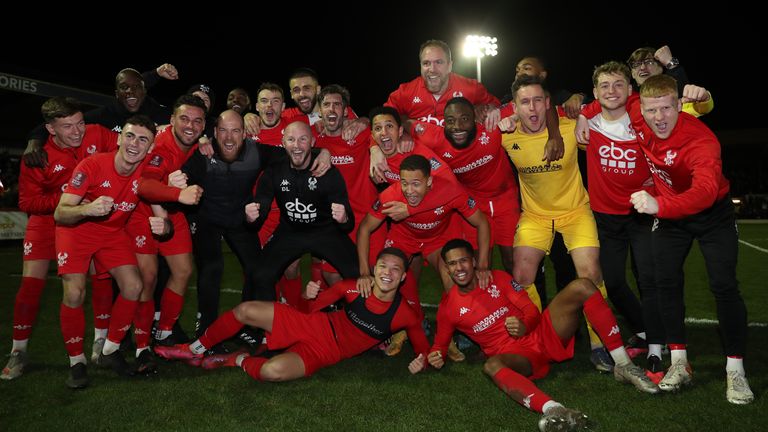 Kidderminster Harriers players celebrate after their 2-1 win over Reading