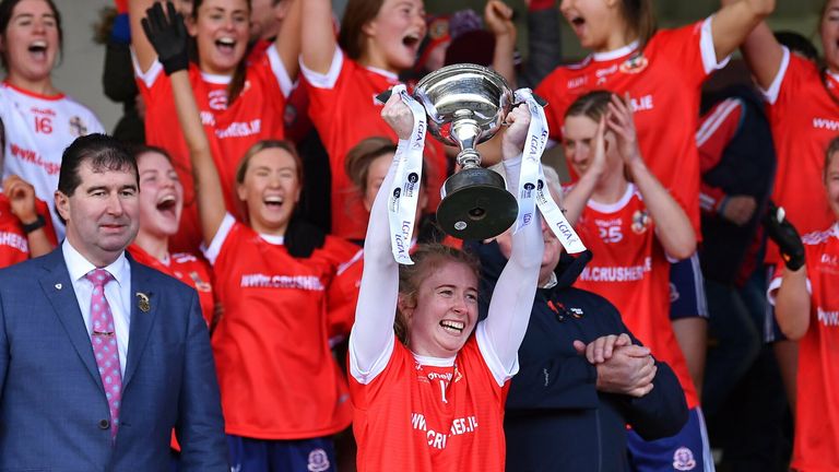 Kilkerrin-Clonberne captain Louise Ward lifts the Dolores Tyrrell Memorial Cup