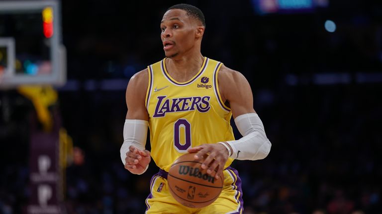 Los Angeles Lakers guard Russell Westbrook dribbles the ball against the Utah Jazz