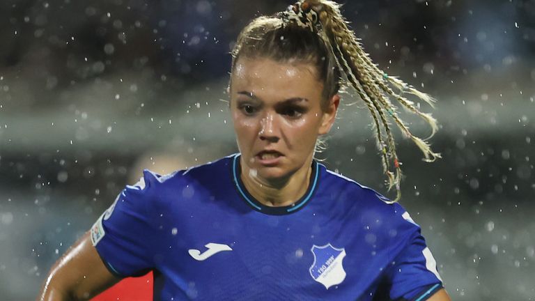 HOFFENHEIM, GERMANY - OCTOBER 05: Laura Wienroither of Hoffenheim controles the ball during the UEFA Women's Champions League group C match between 1899 Hoffenheim and HB Koge at Dietmar-Hopp-Stadion on October 05, 2021 in Hoffenheim, Germany. (Photo by Alex Grimm/Getty Images)