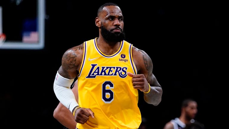 Los Angeles Lakers' LeBron James reacts against the Brooklyn Nets