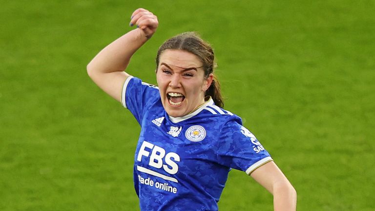 Leicester&#39;s Shannon O&#39;Brien celebrates after scoring against Brighton in WSL