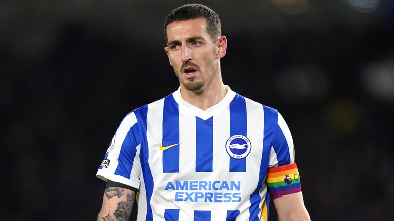 Brighton and Hove Albion's Lewis Dunk wears a rainbow armband in support of Stonewall's Rainbow Laces campaign