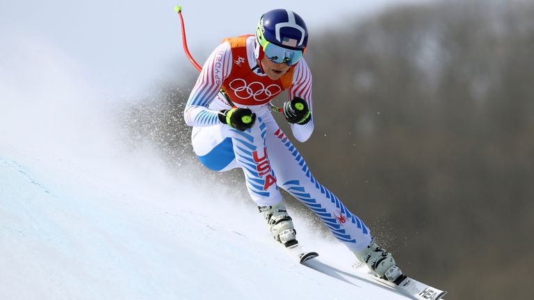 Vonn competes in the women's downhill at her final Winter Olympics in 2018 in Jeongseon, South Korea