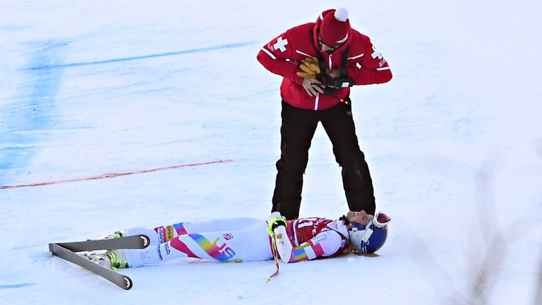 Vonn after her crash during the FIS Alpine Ski World Cup Women's Super-G in December 21, 2014 in Val d'Isere, France.