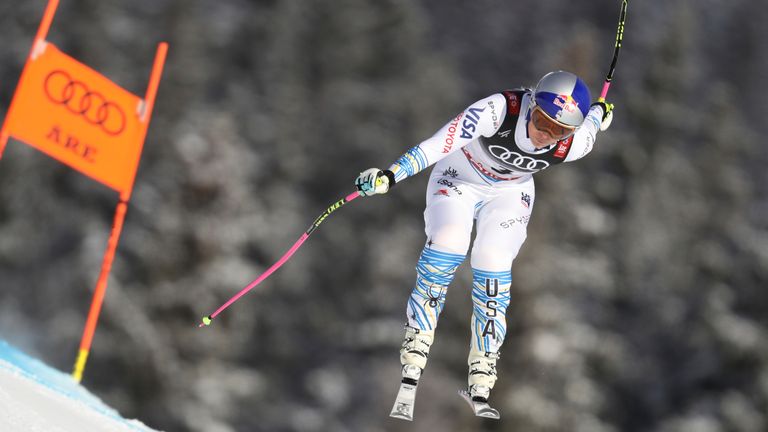 Vonn speeds down the course during the women's downhill race in February 2019, at the alpine ski World Championships in Are, Sweden.