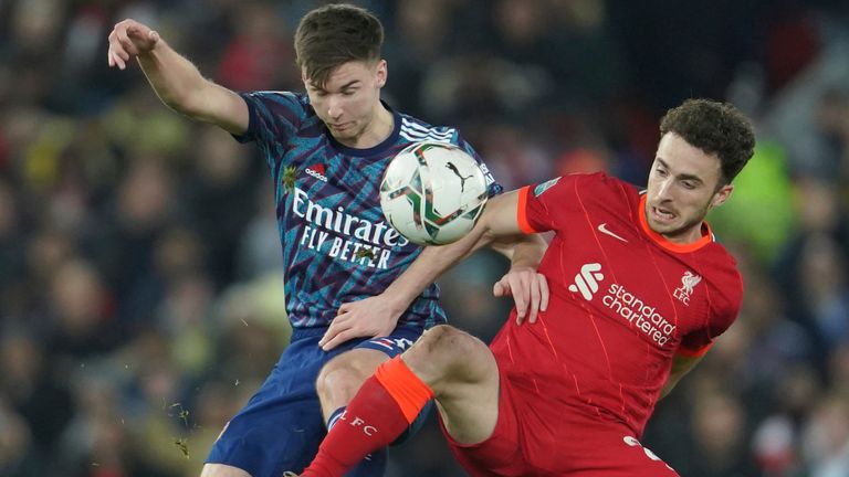 Arsenal's Kieran Tierney, left, challenges for the ball with Liverpool's Diogo Jota during the EFL Cup semifinal, first leg soccer match between Liverpool and Arsenal at the Anfield Stadium in Liverpool, Thursday, Jan.13, 2022.(AP Photo/Jon Super)