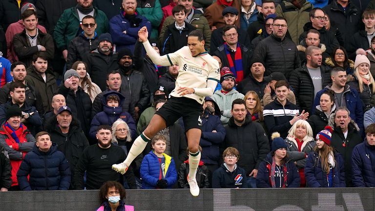 Liverpool&#39;s Virgil van Dijk celebrates scoring their side&#39;s first goal of the game during the Premier League match at Selhurst Park