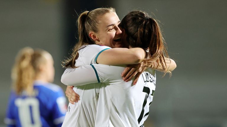 Vicky Losada and Georgia Stanway celebrate during Manchester City's win over Leicester City