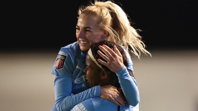 Alex Greenwood and Khadjia Shaw celebrate after City&#39;s opener against Arsenal 