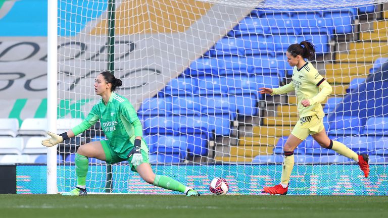 Arsenal goalkeeper Manuela Zinsberger reacts as Birmingham City take a shock lead with a goal from Libby Smith (not pictured)