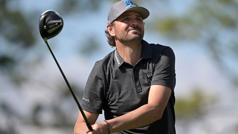 Former professional tennis player Mardy Fish watches his tee shot on the fourth hole in the celebrity division during the final round of the Tournament of Champions LPGA golf tournament, Sunday, Jan. 24, 2021, in Lake Buena Vista, Fla. (AP Photo/Phelan M. Ebenhack)