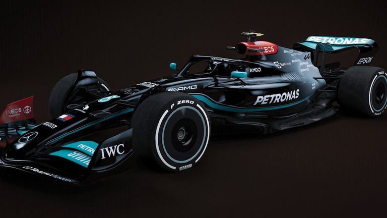 The Mercedes 2021 livery on a show car for F1 2022