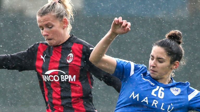 Julia Simic of AC Milan competes for the ball with Millie Chandarana of San Marino Academy during the Women Serie A match between AC Milan and San Marino Academy at Centro Sportivo Vismara on February 7, 2021 in Milan, 