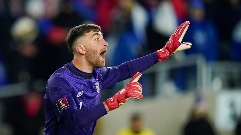 United States goalkeeper Matt Turner talks to teammates during the second half of a FIFA World Cup qualifying soccer match against El Salvador, Thursday, Jan.  27, 2022, in Columbus, Ohio.  The US won 1-0.  (AP Photo/Julio Cortez)