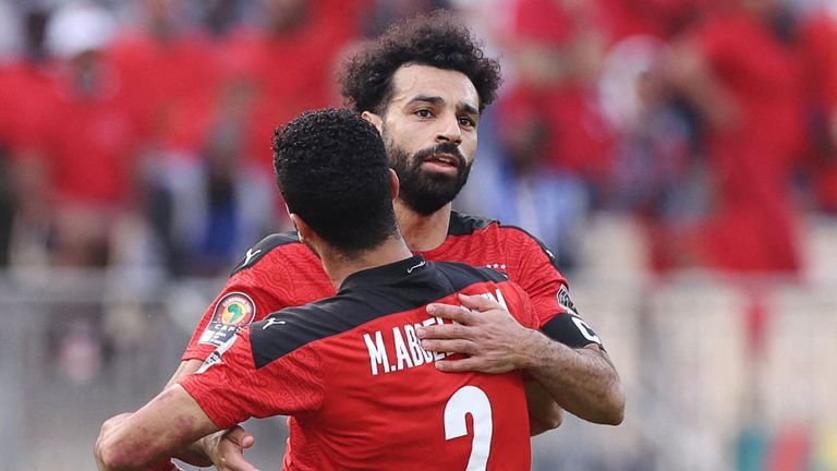 Mo Salah is congratulated after equalising for Egypt against Morocco