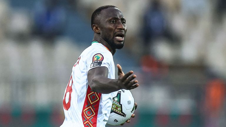 Naby Keita celebrates after scoring with a spectacular strike for Guinea against Zimbabwe