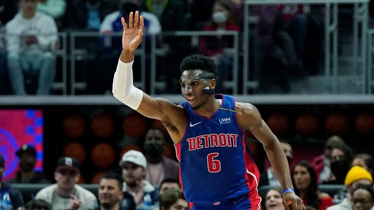Detroit Pistons guard Hamidou Diallo reacts after a 3-point basket during the second half of an NBA basketball game against the New York Knicks, Wednesday, Dec. 29, 2021, in Detroit.