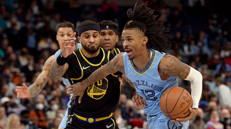 Memphis Grizzlies guard Ja Morant (12) handles the ball against Golden State Warriors guard Gary Payton II (0) in the second half of an NBA basketball game Tuesday, Jan. 11, 2022, in Memphis, Tenn.