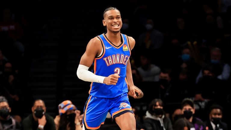 Oklahoma City Thunder guard Shai Gilgeous-Alexander (2) smiles after his shot against the Brooklyn Nets during the second half of an NBA basketball game, Thursday, Jan. 13, 2022, in New York. (AP Photo/Jessie Alcheh)


