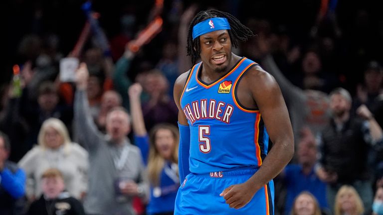 Oklahoma City Thunder forward Luguentz Dort celebrates after a three-point basket in the second half of an NBA basketball game against the Chicago Bulls, Monday, Jan. 24, 2022, in Oklahoma City. (AP Photo/Sue Ogrocki)


