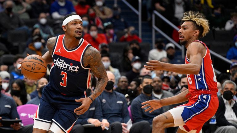 Washington Wizards guard Bradley Beal (3) in action during the first half of an NBA basketball game against the Philadelphia 76ers, Monday, Jan. 17, 2022, in Washington. 