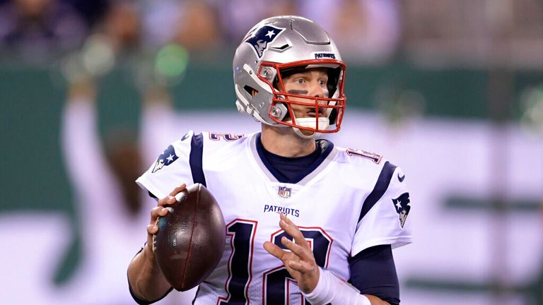 New England Patriots quarterback Tom Brady (12) looks or a receiver during the second half of an NFL football game against the New York Jets Monday, Oct. 21, 2019, in East Rutherford, N.J. (AP Photo/Bill Kostroun)