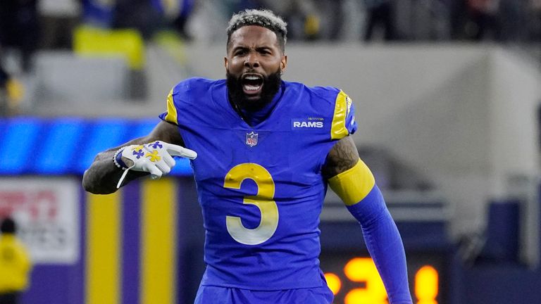 Los Angeles Rams wide receiver Odell Beckham Jr. (3) celebrates during the first half of an NFL wild-card playoff football game against the Arizona Cardinals in Inglewood, Calif., Monday, Jan. 17, 2022. 