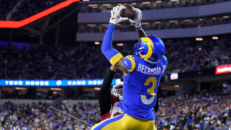 Los Angeles Rams wide receiver Odell Beckham Jr. (3) catches a touchdown against Arizona Cardinals cornerback Marco Wilson during the first half of an NFL wild-card playoff football game in Inglewood, Calif., Monday, Jan. 17, 2022.