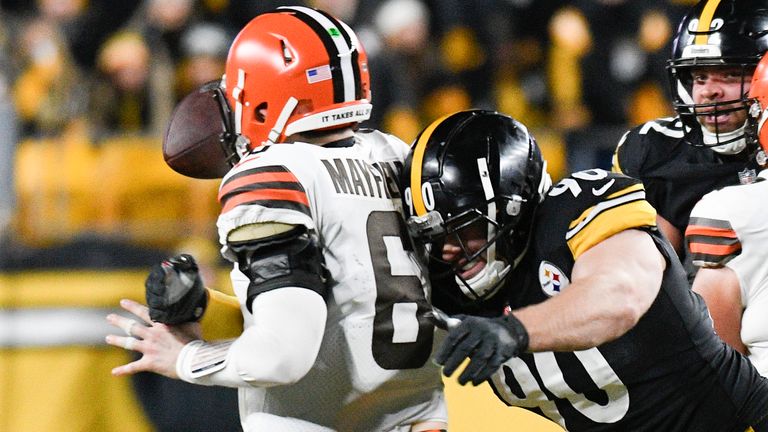 Pittsburgh Steelers outside linebacker T.J. Watt (90) sacks Cleveland Browns quarterback Baker Mayfield (6) in the second half of an NFL football game, Monday, Jan. 3, 2022, in Pittsburgh. 